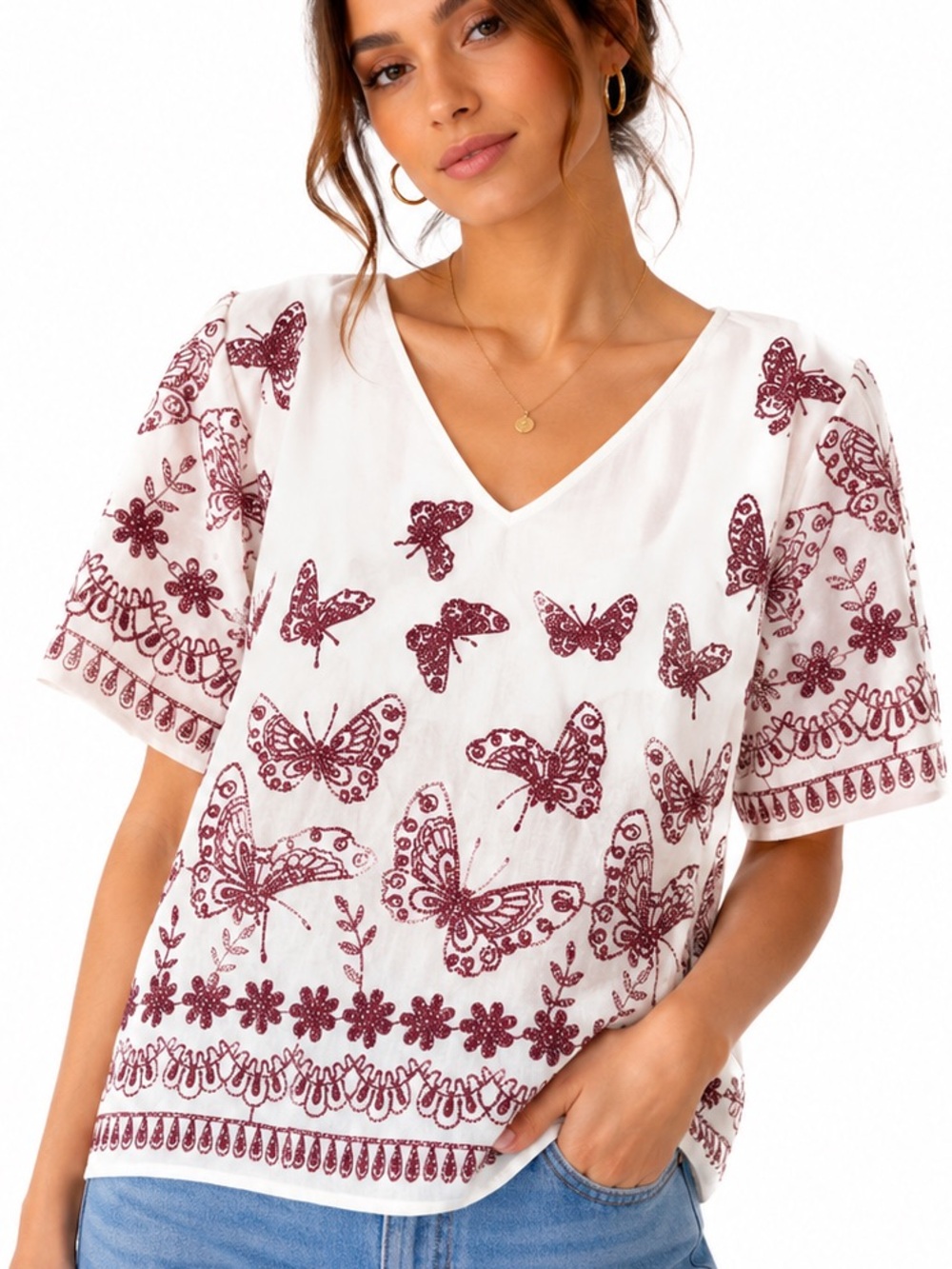 519.NWT Embroidered V-Neck Butterfly 🦋 with lyricis Top